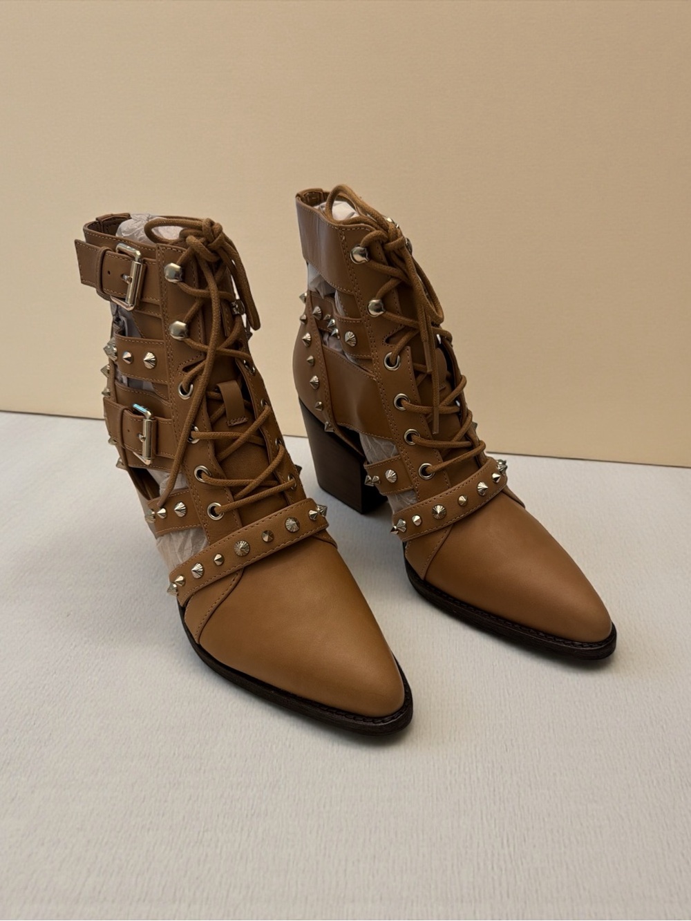 Sam Edelman Cognac Lace-Up Studded Ankle Boots - Picture 4 of 8
